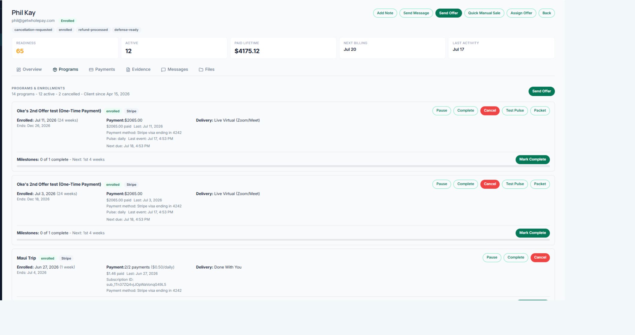 ScaleSafe client record showing high-ticket program payments, pulse cadence, delivery, and milestones