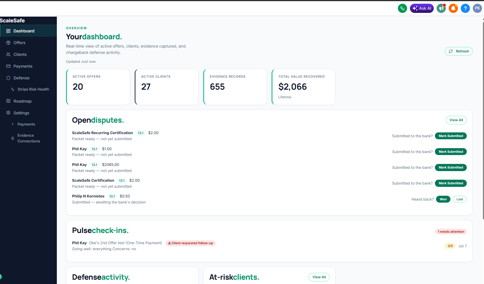 ScaleSafe dashboard showing open disputes and pulse check-ins