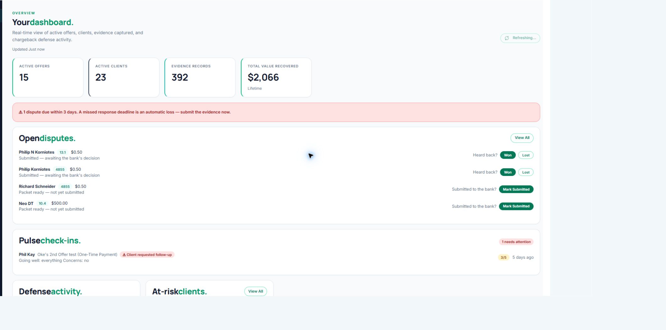 ScaleSafe dashboard with dispute deadline and pulse follow-up alert