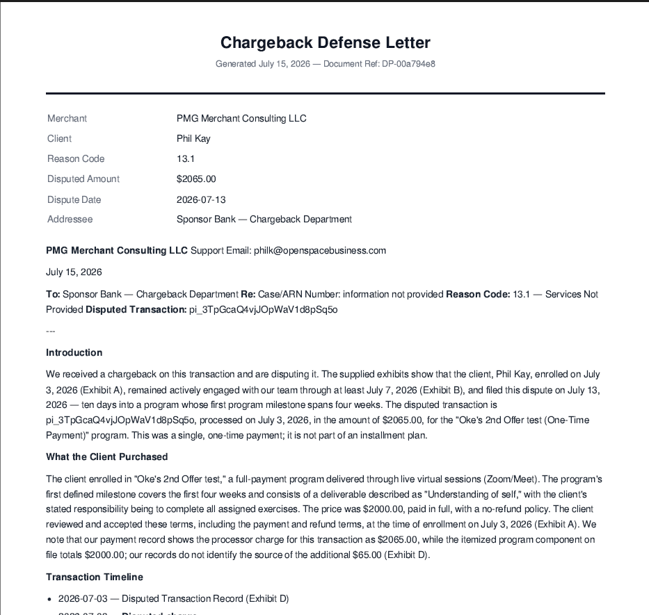 ScaleSafe chargeback defense letter for a high-ticket transaction