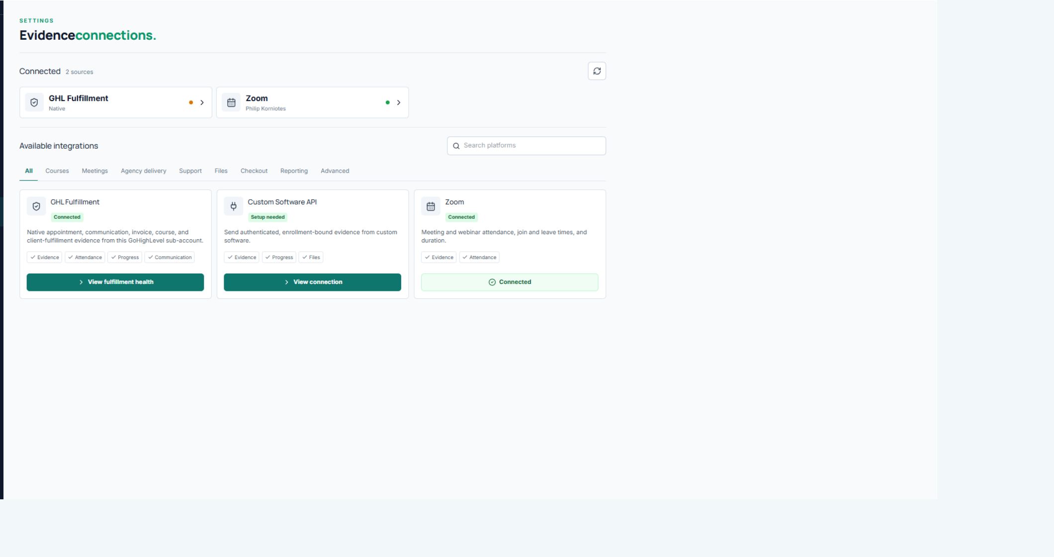 ScaleSafe evidence connections showing native GoHighLevel fulfillment and Zoom