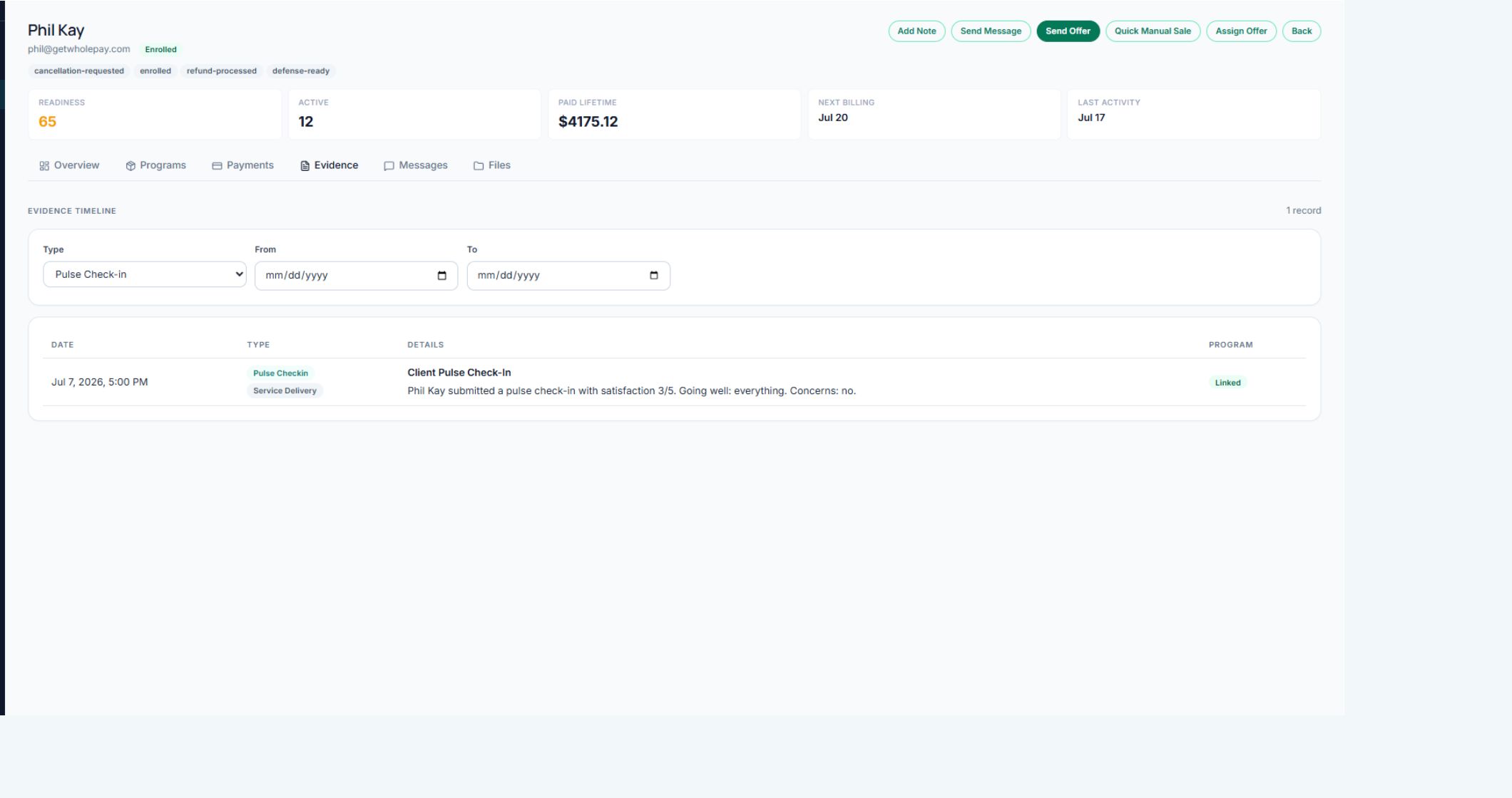 A client pulse check-in linked to the correct ScaleSafe program