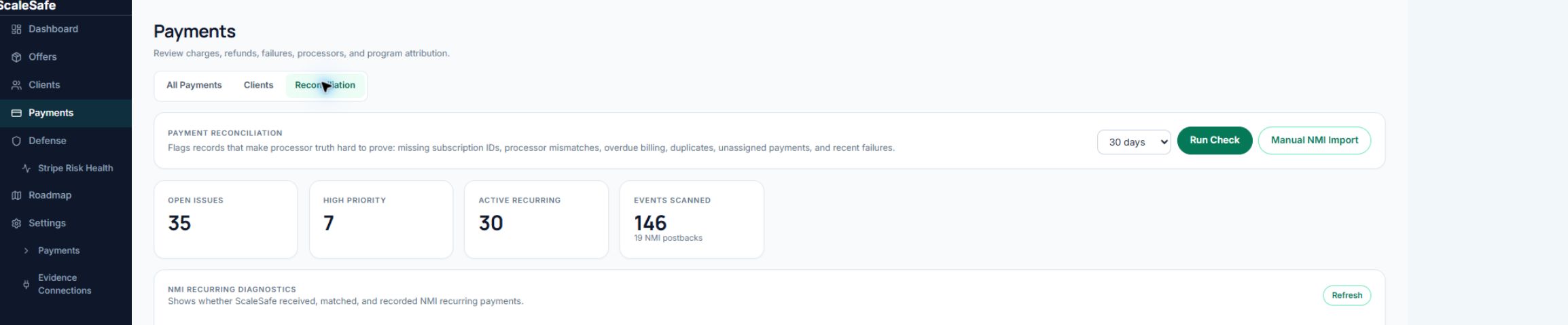 ScaleSafe payment reconciliation view