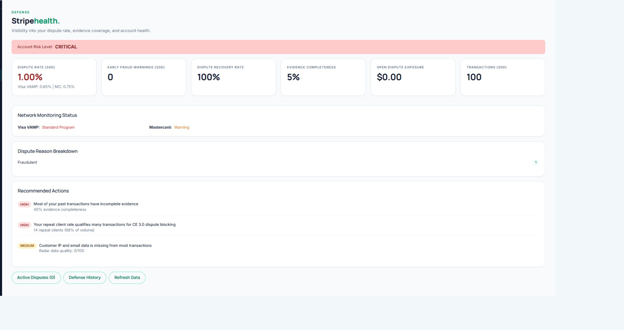 ScaleSafe Stripe Risk Health dashboard with dispute rate and recommended actions